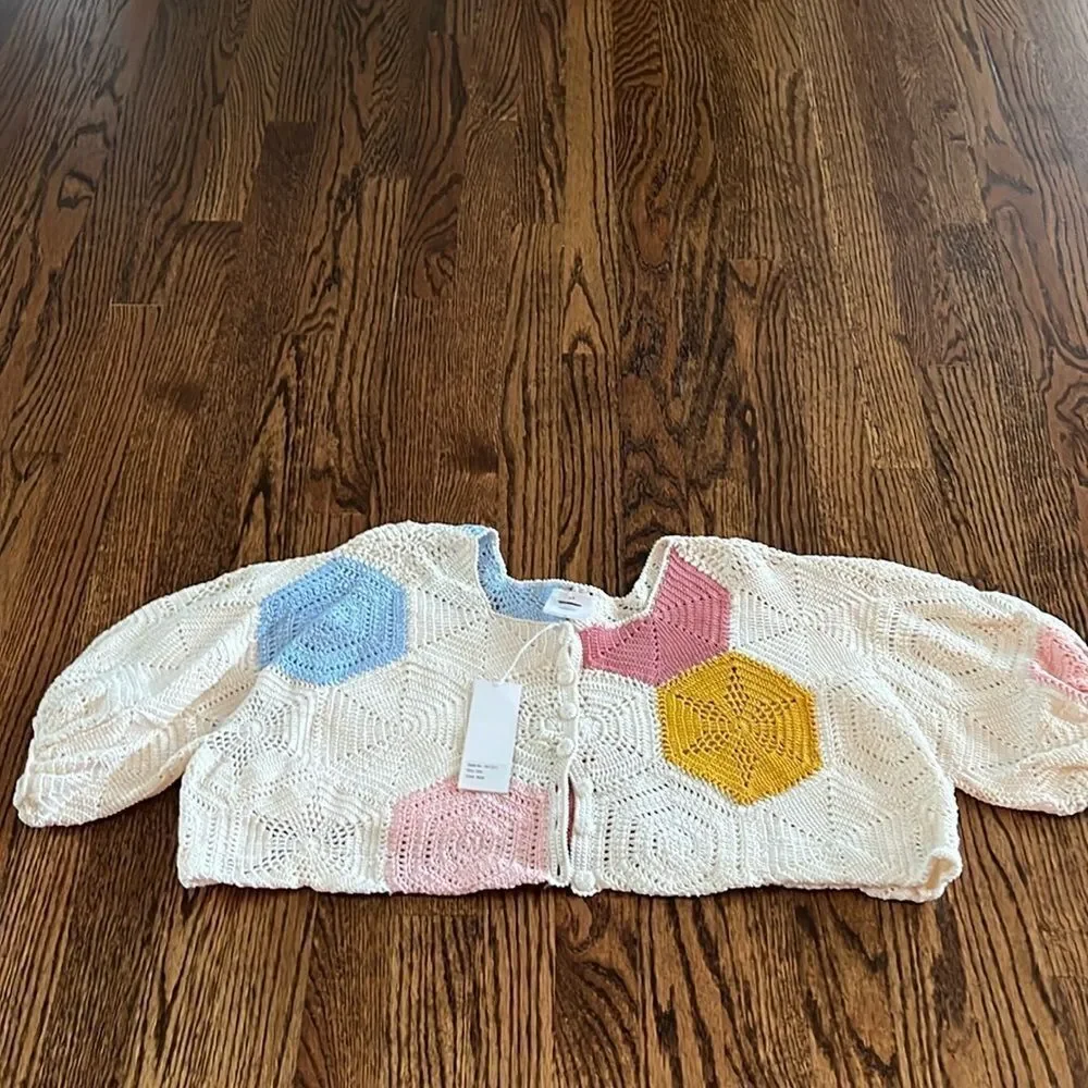 Anna K Crochet Cape Style Cardigan Short Sleeve Top size os